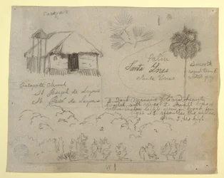 Dessin, église San Jose de Lapas, Carapata et études botaniques, probablement Colombie, 1853
