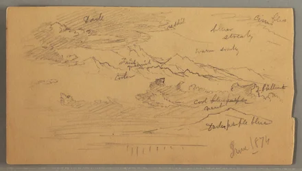 Dessin, pics montagneux acérés, ciel nuageux, juin 1874