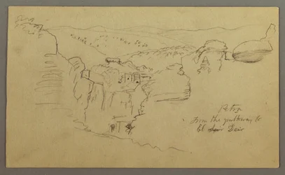 Dessin, Esquisse. Vue de Khirbet en Wasara "Petra / from the parthway to / El Deir", peut-être 1868, 26 février