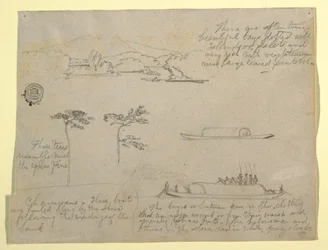 Dessin, Croquis de Colombie : Arbres et embarcations (Champans), 1853