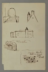 Dessin, escalier, toit avec tour, mur en pierre, peut-être 1869