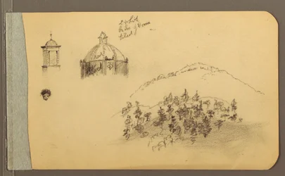 Dessin, clocher, dôme, tête, collines, 1889