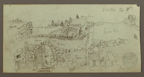 Dessin, bâtiment en pierre, hommes rassemblés sur le toit, 17 février, peut-être 1868