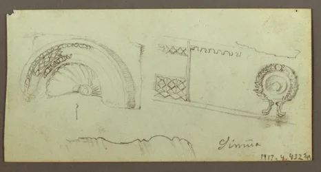 Dessin, bâtiment en pierre, hommes rassemblés sur le toit, 17 février, peut-être 1868
