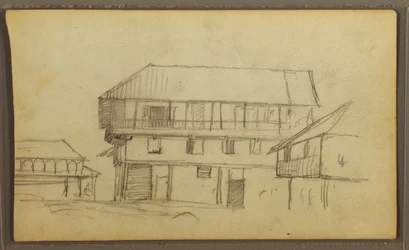 Dessin, coin de rue à Guaquil, Équateur ; Verso : croquis botaniques, maison, Équateur ou Colombie, 1857