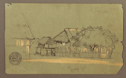 Dessin, rue avec des maisons, Guayaquil, Équateur, mai 1857