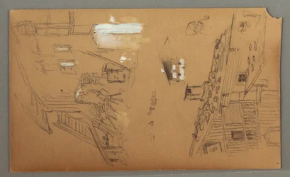 Dessin, études du chalet, homme à la pipe, canards, 1868
