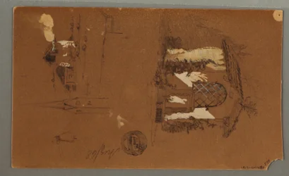 Dessin, études du chalet, homme à la pipe, canards, 1868