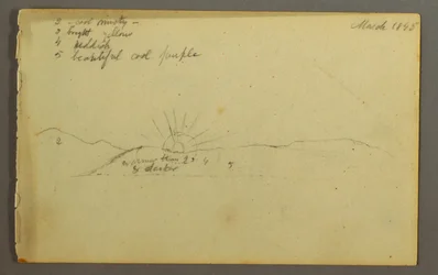 Dessin, Soleil se couchant derrière des collines basses, 1845