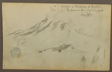 Dessin, lever de soleil sur le mont Chimborazo et trois détails de l
