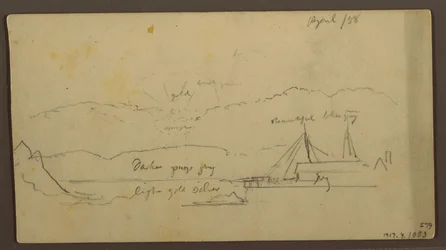Dessin, Coucher de soleil sur la rive avec un bateau, 1858