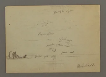Dessin, coucher de soleil sur la mer, bateau à vapeur, peut-être 1868