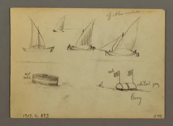 Dessin, coucher de soleil sur la mer, bateau à vapeur, peut-être 1868