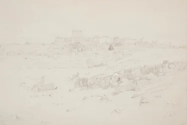 Dessin, temples au matin, Baalbek, 12 mai 1868