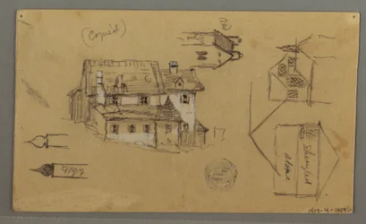 Dessin, maison en bois, Sky, Autriche, 1er août 1868