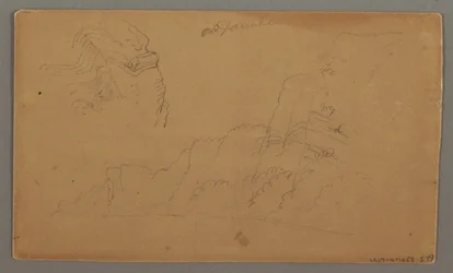 Dessin, maison en bois, deux voiliers, études de toit, peut-être 1868