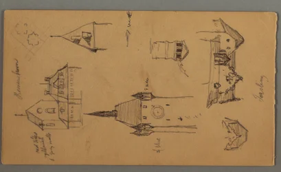 Dessin, tours, bâtiments alpins, 1868