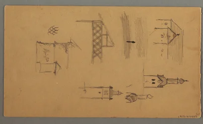 Dessin, tours, bâtiments alpins, 1868