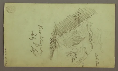 Dessin, tours, toits, portique, toit, juillet 1868