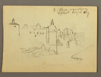 Dessin, bâtiments de la ville, peut-être 1868-69