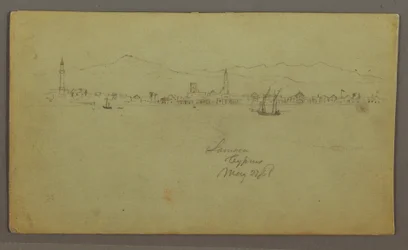 Dessin, ville sur la côte, chaîne de montagnes derrière, 27 mai 1868