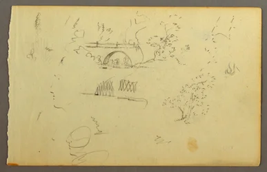 Dessin, Arbres, pont, visages de profil, peut-être 1844