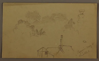 Dessin, arbres, personnage, maison Linstead, mai 1865