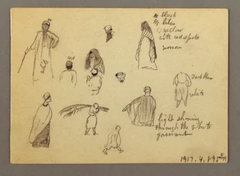 Dessin, douze croquis de figures, Joffa, Palestine, 1868