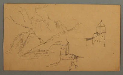 Dessin, deux églises, vallée, cascade, 1868