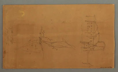 Dessin, deux églises, vallée, cascade, 1868