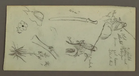 Dessin, deux personnages chevauchant des chevaux, portant des lances, une épée, la partie inférieure d