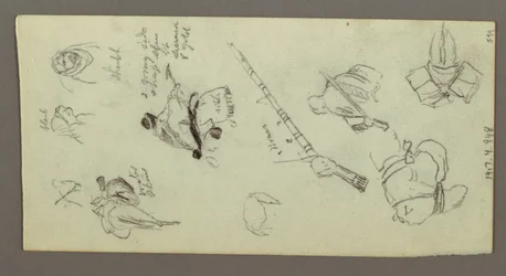 Dessin, deux personnages chevauchant des chevaux, portant des lances, une épée, la partie inférieure d