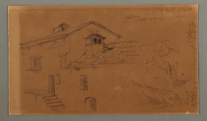 Dessin, deux maisons, rocher, peut-être 1868