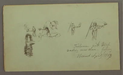 Dessin, deux études de pêcheurs avec des cannes à pêche et des torches, avril 1868