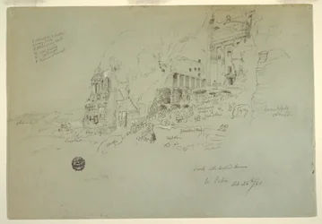 Dessin, tombeau à urnes, tombeau à soie et tombeau corinthien, Pétra, 26 février 1868