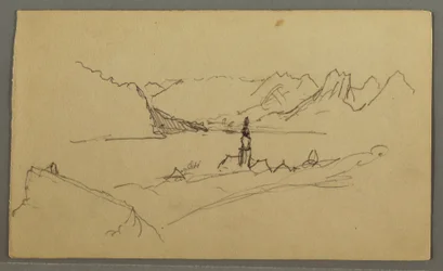 Dessin, vallée, église, St. Gilgen Autriche, peut-être 1868