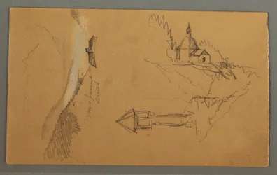 Dessin, vallée, tour, église, peut-être 1868