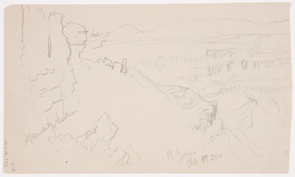 Dessin, vue sur les collines et la plaine en direction des montagnes, vallée d