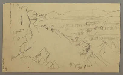 Dessin, vue sur les collines et la plaine en direction des montagnes, vallée d