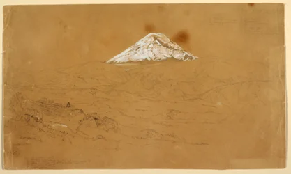 Dessin, vue du mont Chimborazo enneigé près de Guanojo et Guaranda, Équateur, 12 juin 1857
