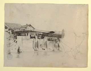 Dessin, vue du pont et des maisons de Honda, Colombie, 1853