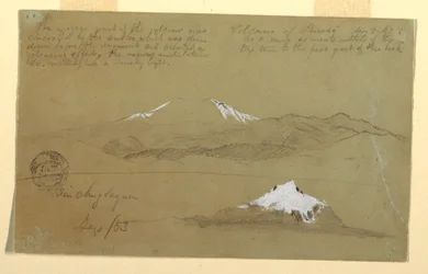 Dessin, vues du volcan Puresé, Colombie et du mont Sincholagua, Équateur, 9 août et septembre 1853