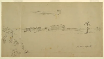 Dessin, Vues de la basilique et du temple de Neptune, Paestum, Italie, avril 1869