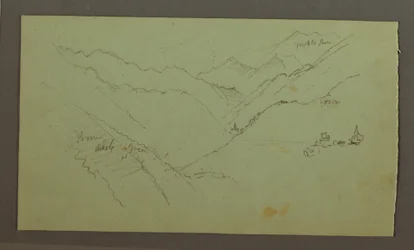 Dessin, village et vallée montagneuse escarpée (Alpes), 1868-69