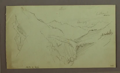 Dessin, village et vallée montagneuse escarpée (Alpes), 1868-69