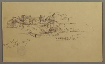 Dessin, roue à eau avec bassin dans un jardin, Jaffa, Palestine [Tel Aviv, Israël], mars 1868