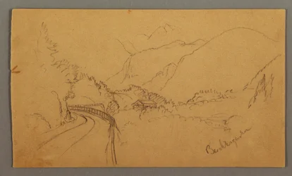 Dessin, Route sinueuse à travers la vallée, maison, peut-être 1868