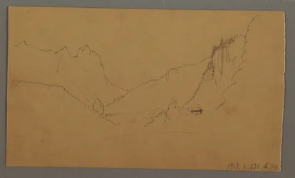 Dessin, Route sinueuse à travers la vallée, maison, peut-être 1868