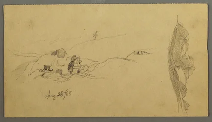 Dessin, femmes se lavant à un abreuvoir, montagnes, 28 août 1868