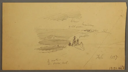 Dessin, colline boisée, vallée vallonnée, soleil, janvier 1866